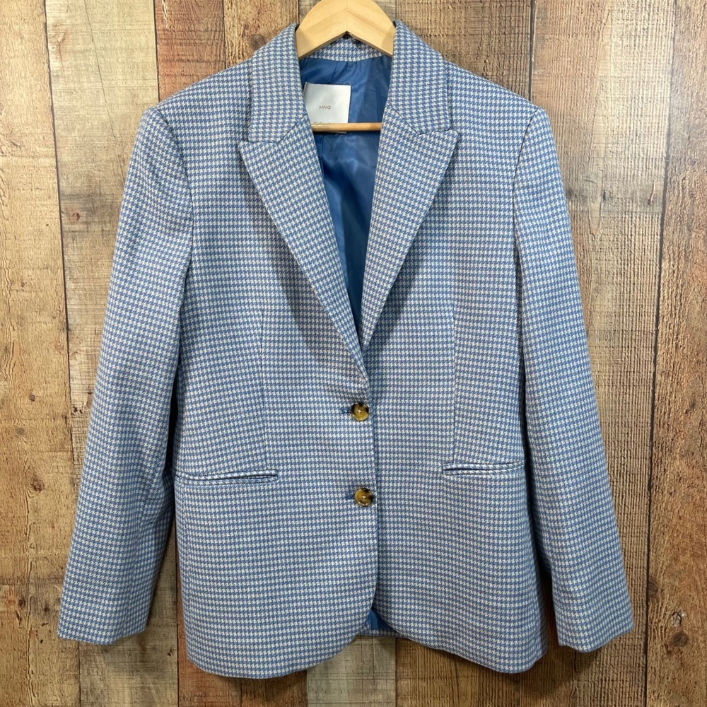 Mango MNG Blue White Houndstooth Tailored Suit Blazer Jacket Large Size 10
